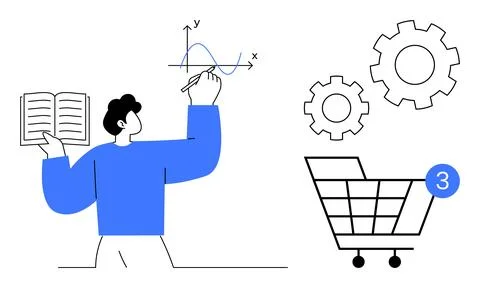 Man holding open book, drawing graph on whiteboard, gears and shopping cart w 스톡 일러스트