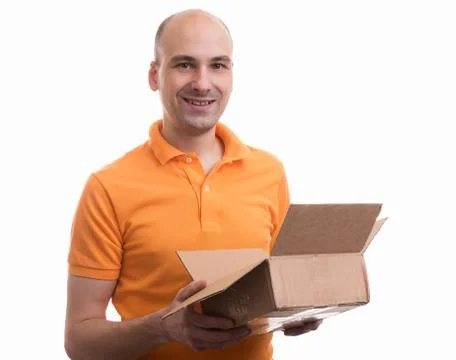 Man holding an opened percel box. Isolated over white Stock Photos
