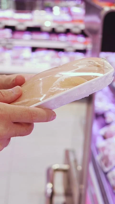 Man holding packaged chicken breast in supermarket Stock Footage 331600765