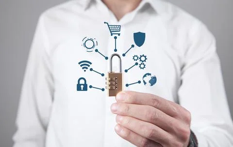 Man holding padlock. Network security and protection Stock Photos