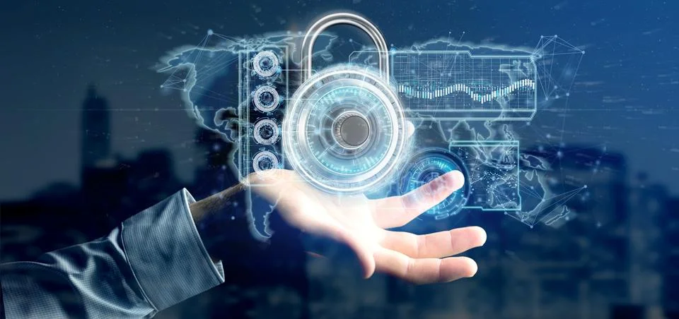 Man holding a padlock security technology interface 3d rendering Stock Illustration