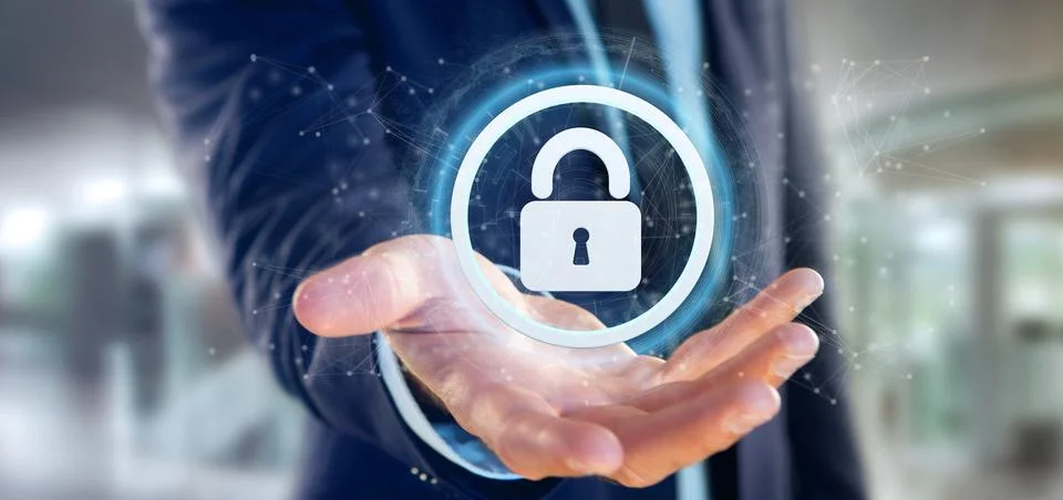Man holding a padlock web security concept 3d rendering Stock Illustration