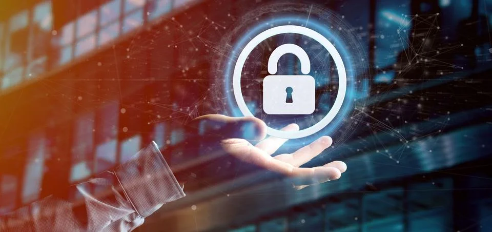 Man holding a padlock web security concept 3d rendering Stock Illustration