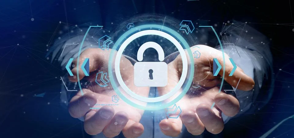 Man holding a padlock web security concept 3d rendering Stock Illustration