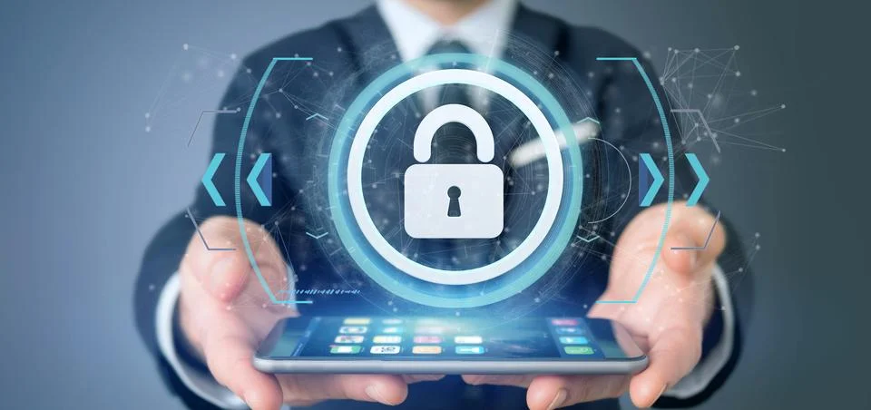 Man holding a padlock web security concept 3d rendering Stock Illustration