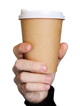Man holding a paper coffee cup on white background Stock Photos