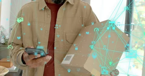 Man holding parcel and tapping phone by window, teal overlay tracing barcode, 스톡 동영상 321301799