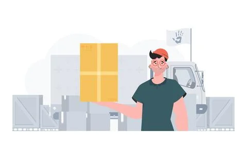 The man is holding a parcel. Camp with humanitarian aid. Vector illustration. Illustrazione stock