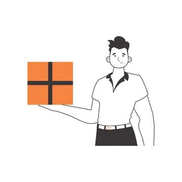 The man is holding a parcel. The concept of the delivery of goods and parce.. Illustrazione stock