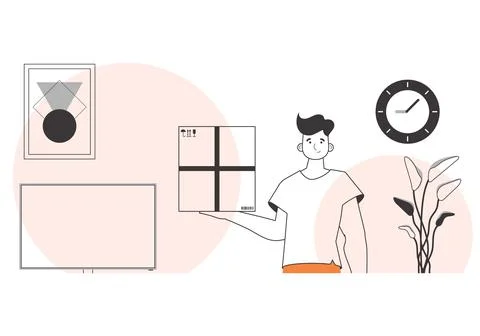The man is holding a parcel. The concept of the delivery of goods and parce.. Illustrazione stock