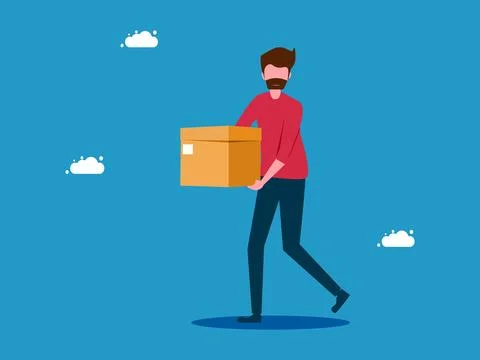 Man holding a parcel delivery box. The concept of transporting things. vector Stock Illustration