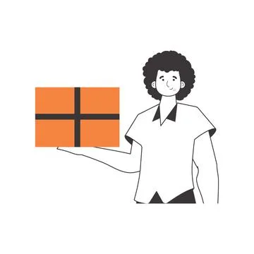 The man is holding a parcel. Delivery concept. Linear modern style. Isolate.. Illustrazione stock