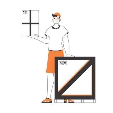 The man is holding a parcel. Delivery concept. Linear style. Isolated on wh.. イラスト素材