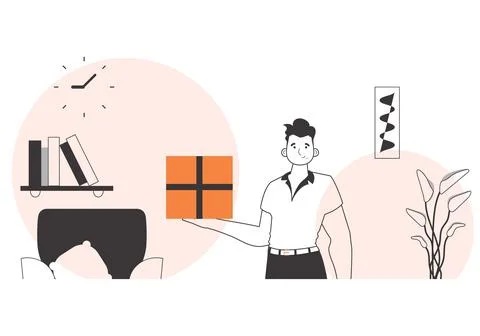 The man is holding a parcel. Delivery concept. Linear style. Illustrazione stock