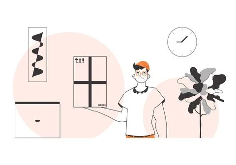The man is holding a parcel. Delivery concept. Linear modern style. イラスト素材