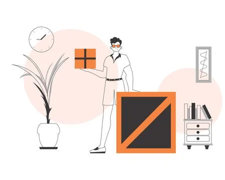 The man is holding a parcel. Parcel delivery concept. Linear style. イラスト素材