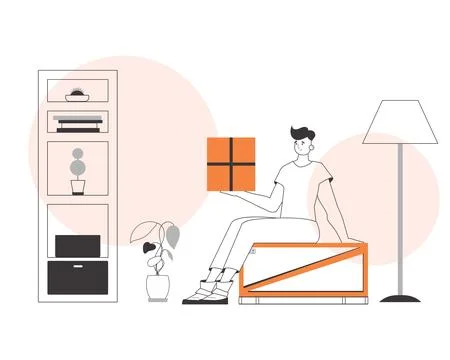 The man is holding a parcel. Parcel delivery concept. Linear trendy style. Illustrazione stock