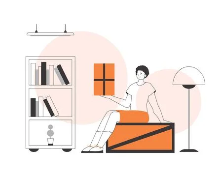The man is holding a parcel. Parcel delivery concept. Linear modern style. Illustrazione stock