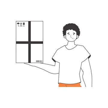 The man is holding a parcel. Parcel Provider. Linear style. Isolated on whi.. イラスト素材