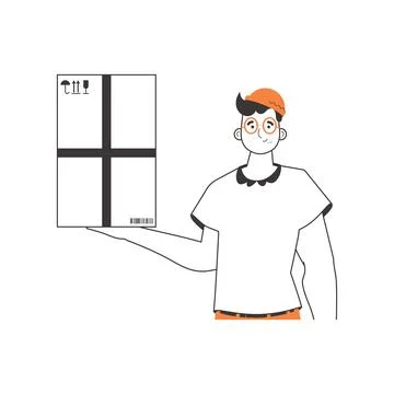 The man is holding a parcel. Parcel Provider. Linear trendy style. Isolated.. Illustrazione stock