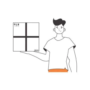 The man is holding a parcel. Parcel Provider. Linear modern style. Isolated.. 스톡 일러스트
