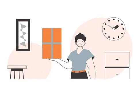 The man is holding a parcel. Parcel Provider. Linear style. Illustrazione stock