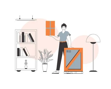 The man is holding a parcel. Parcel Provider. Linear modern style. Illustrazione stock