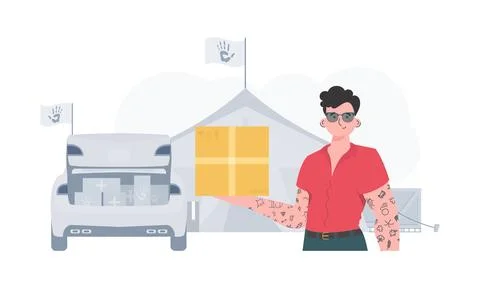 The man is holding a parcel. The theme of humanitarian aid. trendy style. Vec Stockillustratie