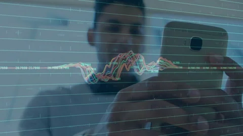 Man holding phone adjusting grip while finger tap triggers waveform animating to Stock Footage 331565349