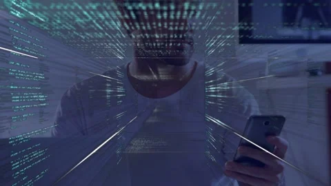 Man holding phone and checking feed, causing tech data tunnel around him Stock Footage 335731866