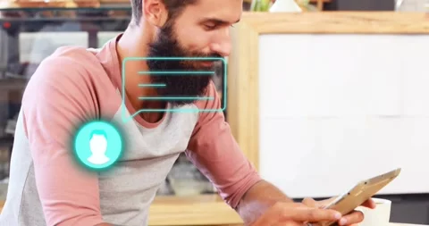 Man holding phone and tapping, smiling while teal messaging bubble appearing, Stock Footage 328265213