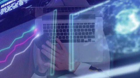 Man holding phone moving right-hand, typing for tech laptop work with neon globe Stock Footage 334744111