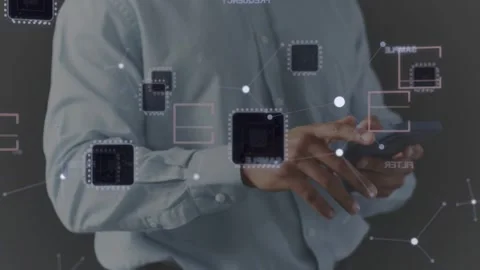 Man holding phone tapping, activating tech UI and aligning nodes to highlight Stock Footage 333911586