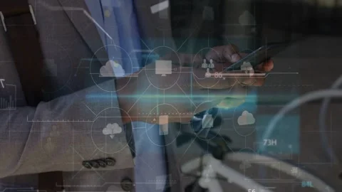 Man holding phone, tapping screen, animating HUD cloud, data icons for tech, Stock Footage 333170356