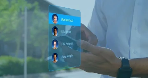 Man holding phone, thumb scrolling down tech holo list, highlight settling on Stock Footage 328396350