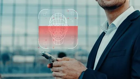 Man holding phone while using deep fake technology outside a building Stock Photos