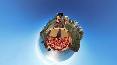 Man Holding a Pizza Box with a Tiny Planet Effect, Creating a Unique 360-Degree Stock Footage 304273258