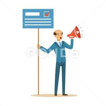 Man holding placard election voting and megaphone, political agitation campaign Stock Illustration
