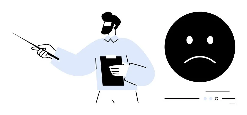 Man holding pointer and clipboard, presenting next to a large sad face icon.  Stock Illustration