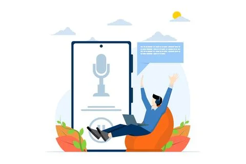 A man holding a pointer stick and clicking a podcast subscribe button Stock Illustration