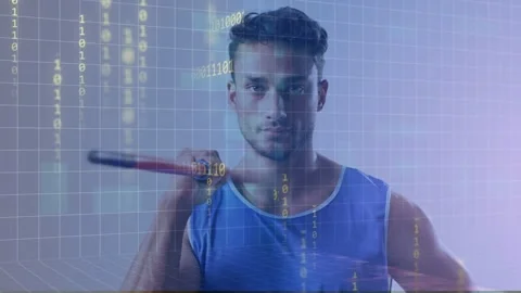 Man holding pole, grid appearing, binary code flowing across torso, lighting Stock Footage 333425782
