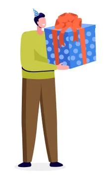 Man Holding Present, Greeting Box with Bow Vector Illustrazione stock