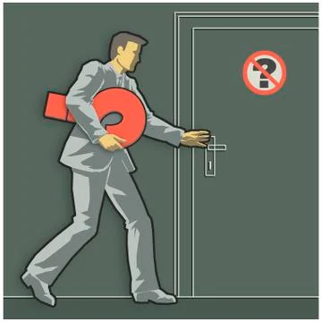 Man holding question mark, opening door Illustrazione stock