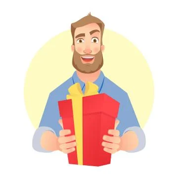 Man holding red present box Stock Illustration