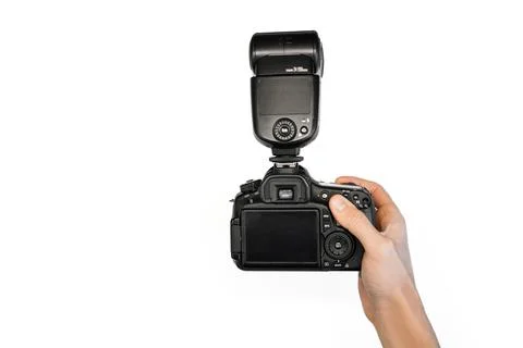 Man holding reflex camera with on-camera flash  Foto stock