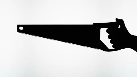 Man holding saw close-up, shadow silhouette of hand with sharp tool on white Stock Footage 170586259