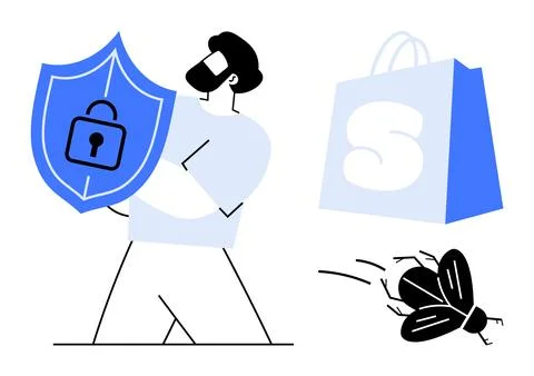 Man holding a shield with a lock, a shopping bag with S, and a bug nearby. Id 스톡 일러스트