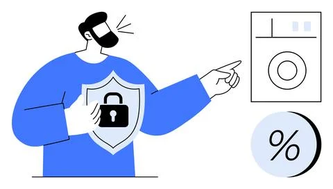 Man holding shield with lock symbol and pointing at digital interface with pe Illustrazione stock