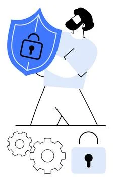 Man Holding Shield with Padlock, Representing Cybersecurity, and Security S.. Stock Illustration