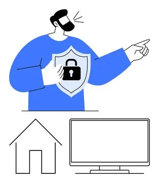 Man holding a shield with a padlock symbol while pointing. House icon and mon Stock Illustration